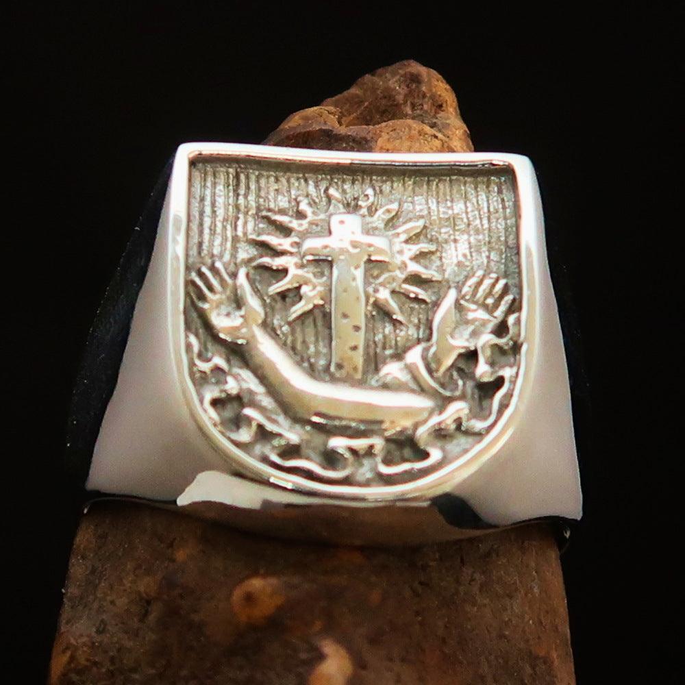 Excellent crafted Men's Franciscan Corona Cross Ring - antiqued Sterling Silver-1
