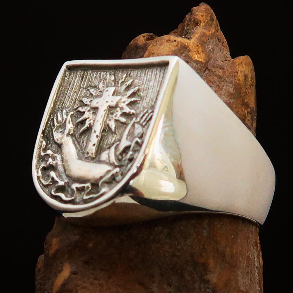 Excellent crafted Men's Franciscan Corona Cross Ring - antiqued Sterling Silver-4