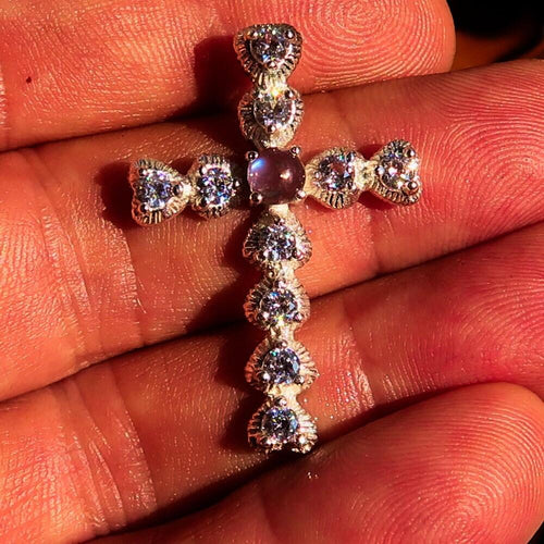 Silver Crucifix Pendant, Moonstone Pendant, Sterling Silver Cross, Cross pendant, round Ceylon Moonstone, 10 CZ, moonstone Cross necklace-0