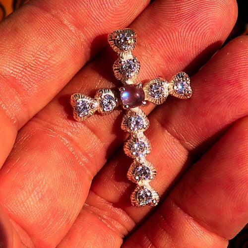 Silver Crucifix Pendant, Moonstone Pendant, Sterling Silver Cross, Cross pendant, round Ceylon Moonstone, 10 CZ, moonstone Cross necklace-1