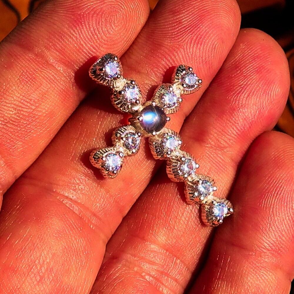 Silver Crucifix Pendant, Moonstone Pendant, Sterling Silver Cross, Cross pendant, round Ceylon Moonstone, 10 CZ, moonstone Cross necklace-2
