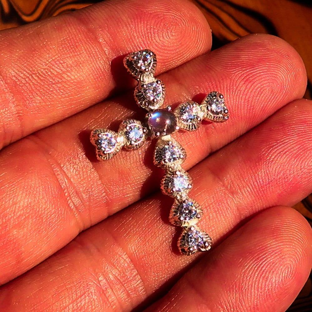 Silver Crucifix Pendant, Moonstone Pendant, Sterling Silver Cross, Cross pendant, round Ceylon Moonstone, 10 CZ, moonstone Cross necklace-4